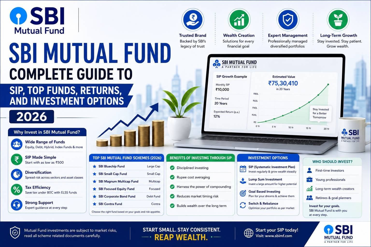 Investor using the SBI Mutual Fund platform to compare SIP plans, mutual fund categories, investment returns, and portfolio performance for long-term wealth creation.