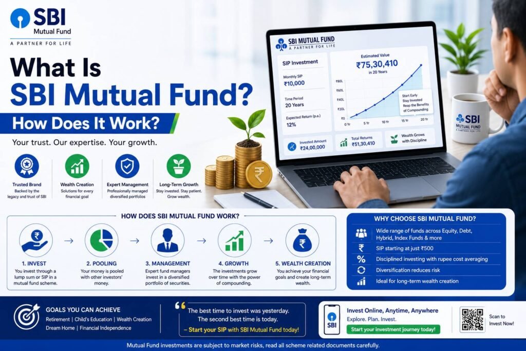 Investor exploring SBI Mutual Fund investment options, SIP plans, and portfolio growth on a laptop with financial charts and mutual fund performance dashboards.