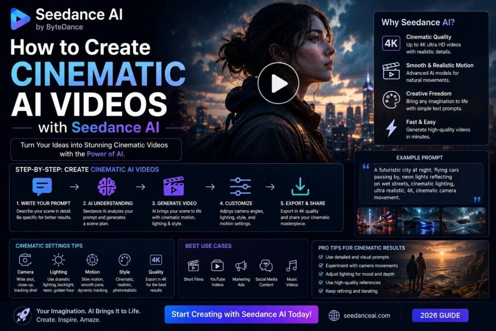 Creator using Seedance AI to generate cinematic AI videos with text prompts, realistic scenes, camera movements, lighting effects, and professional video editing tools.