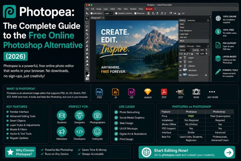 Designer editing images in Photopea, a free online Photoshop alternative, using layers, masks, smart objects, and professional photo editing tools in a web browser.