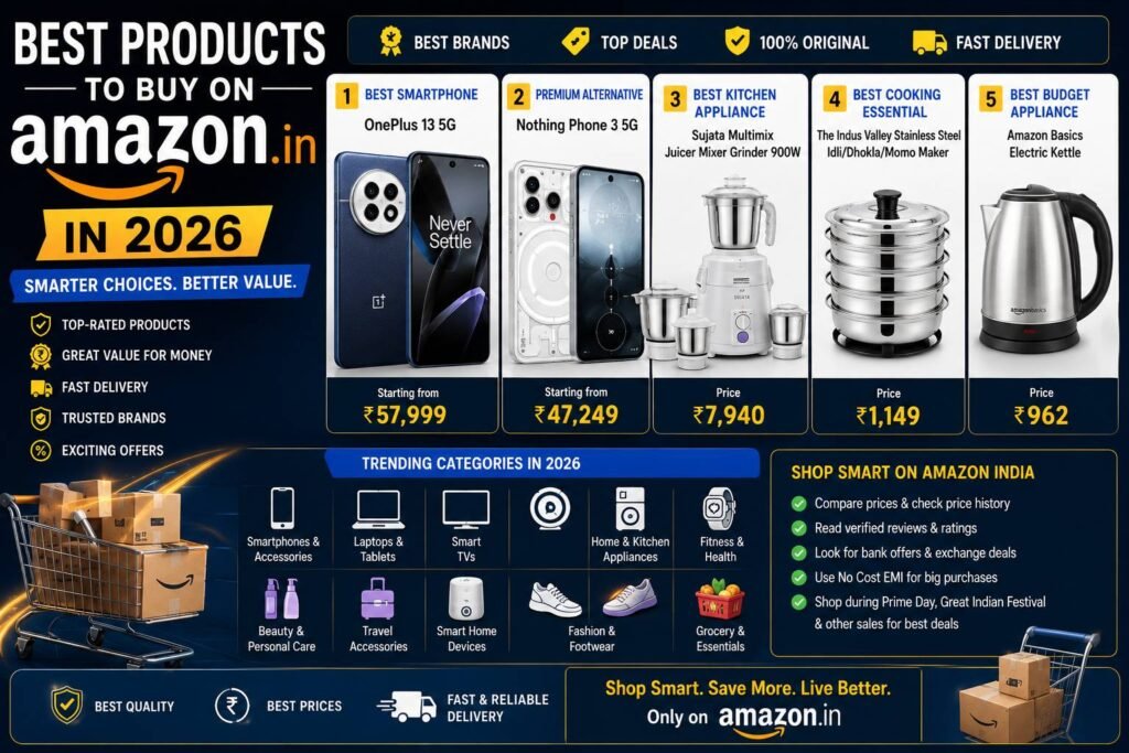 Collection of trending Amazon India products in 2026 including smartphones, smartwatches, wireless earbuds, home appliances, kitchen gadgets, laptops, and smart home devices.