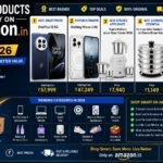 Collection of trending Amazon India products in 2026 including smartphones, smartwatches, wireless earbuds, home appliances, kitchen gadgets, laptops, and smart home devices.
