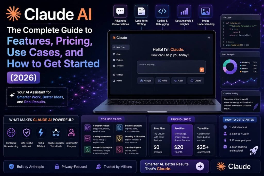 Professional using Claude AI by Anthropic for writing, coding, document analysis, research, and AI-powered productivity on a desktop computer.